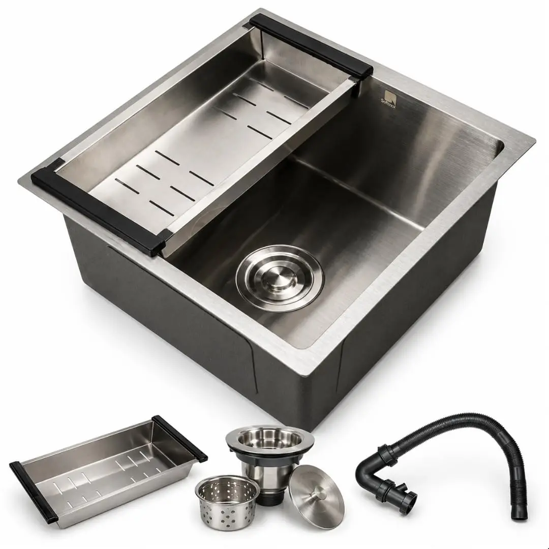 Cuba Pia Cozinha Aço Inox 304 Escovada Gourmet Pequena Quadrada Embutir ou Sobrepor Funda 44x44 SOFTINOX — Cuba Square com Acessórios Cesto Escorredor, Sifão, Válvula Ralo com Tampa