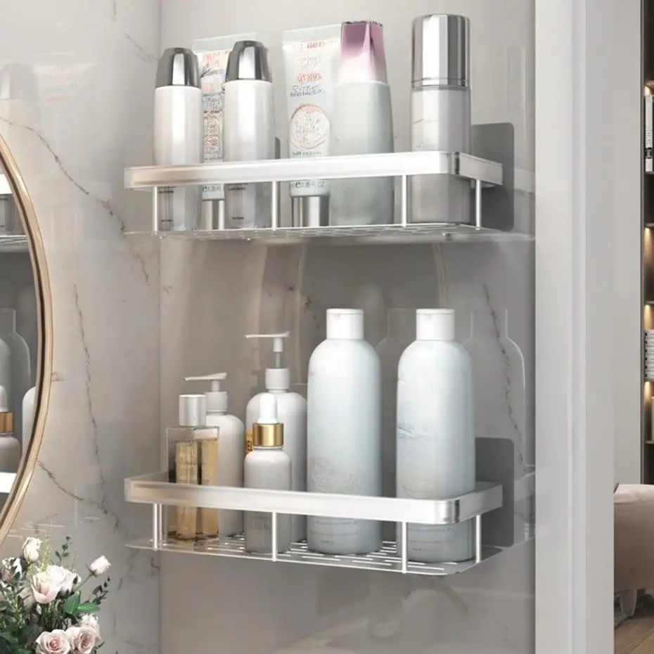 Suporte de Shampoo Inox Cromado Sem Furo para Banheiro Organizador Premium(RETÂNGULO [ KIT 2 ])