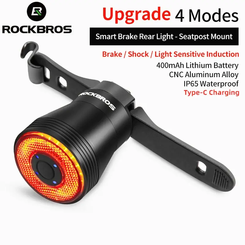Rockbros bicicleta inteligente luz da cauda tipo-c recarregável ultra brilhante sensor de freio da bicicleta ipx6 lâmpada traseira sentido lanterna luz vermelha