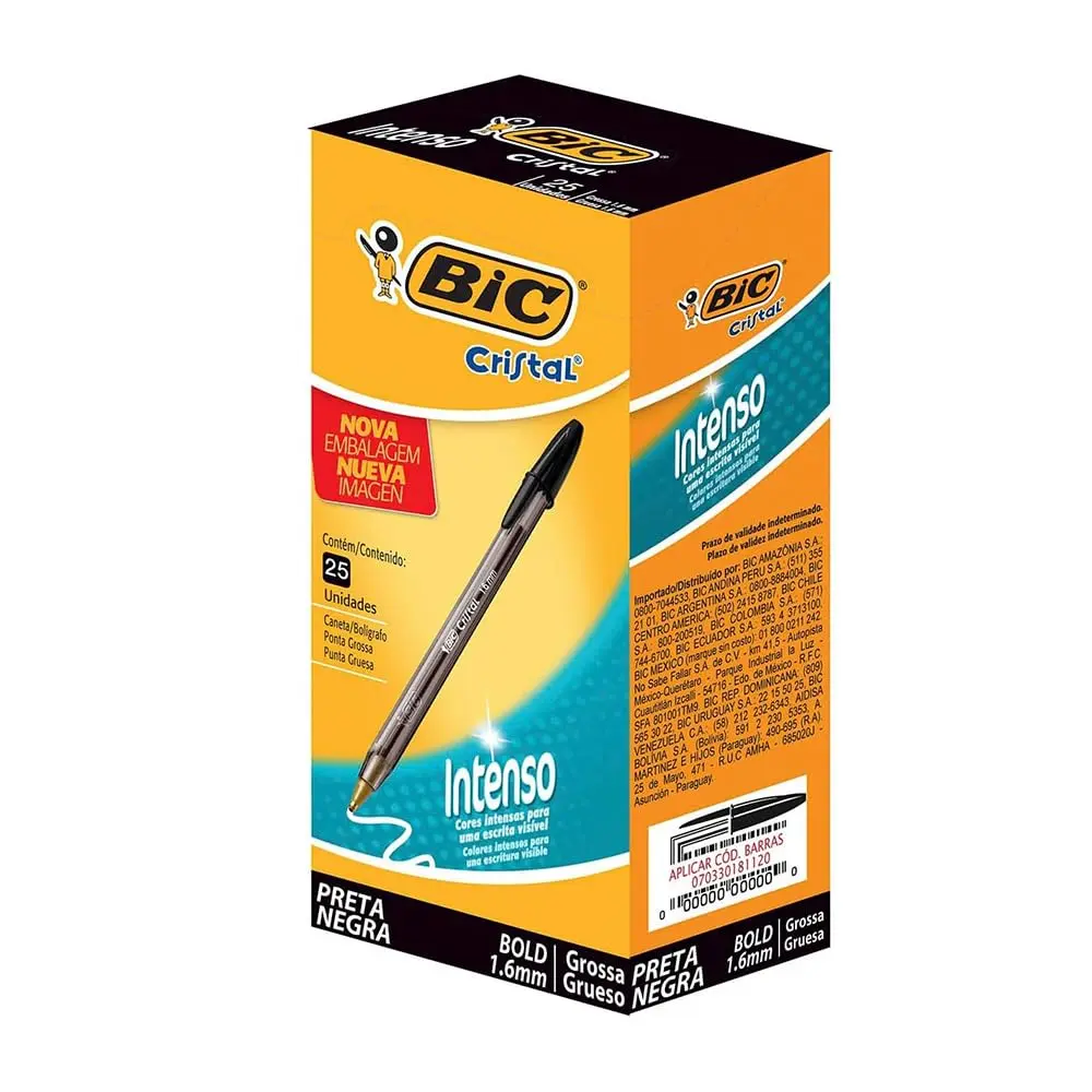 Caneta Esferografica BIC Cristal Intenso, Preta, Ponta Grossa de 1.6mm, Bold, 884639, Cartucho de 25 Unidades