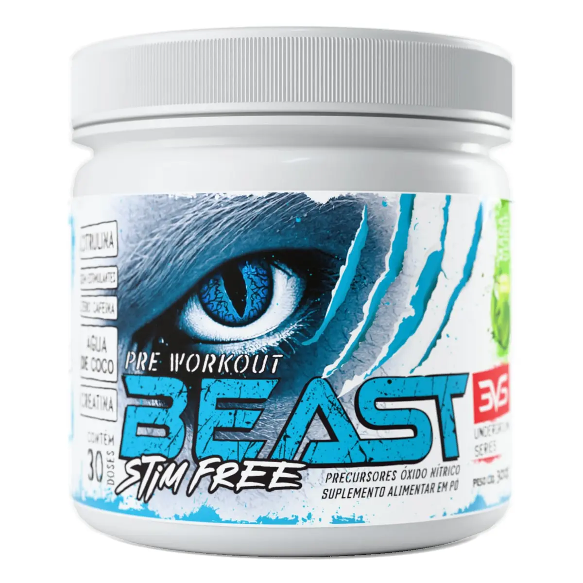 3VS Nutrition Pre Treino BEAST STIM FREE 300g - Sem Cafeína - Com Citrulina, Beta Alanina, Creatina, Arginina, Taurina e Tirosina 300gr, Sabor Maçã verde