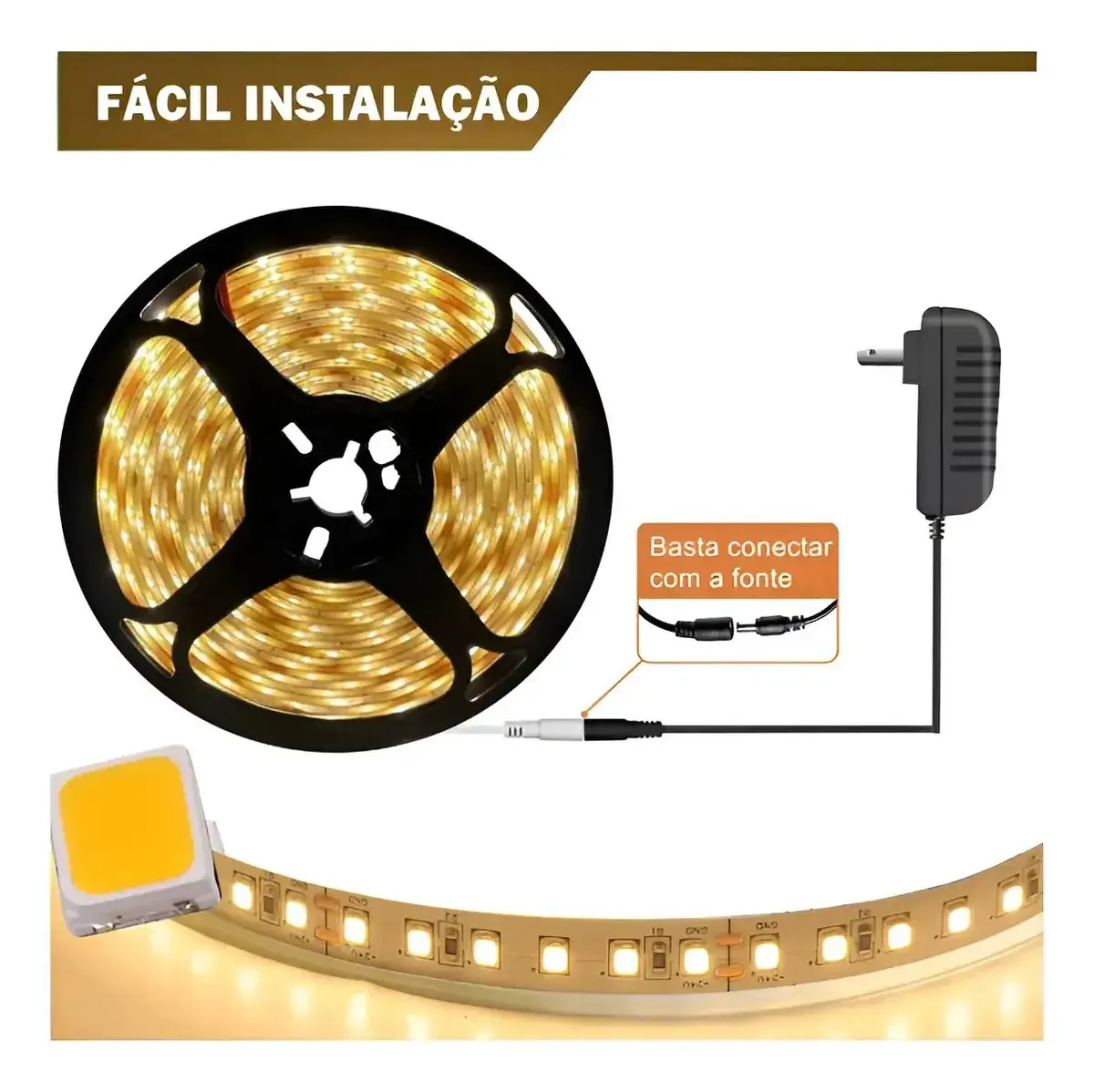 Fita Led Amarela 2835 Quente 5m 300 Led Dupla Face Fonte Cor da luz Branco-quente IP20 Maffacioli thumbnail 5