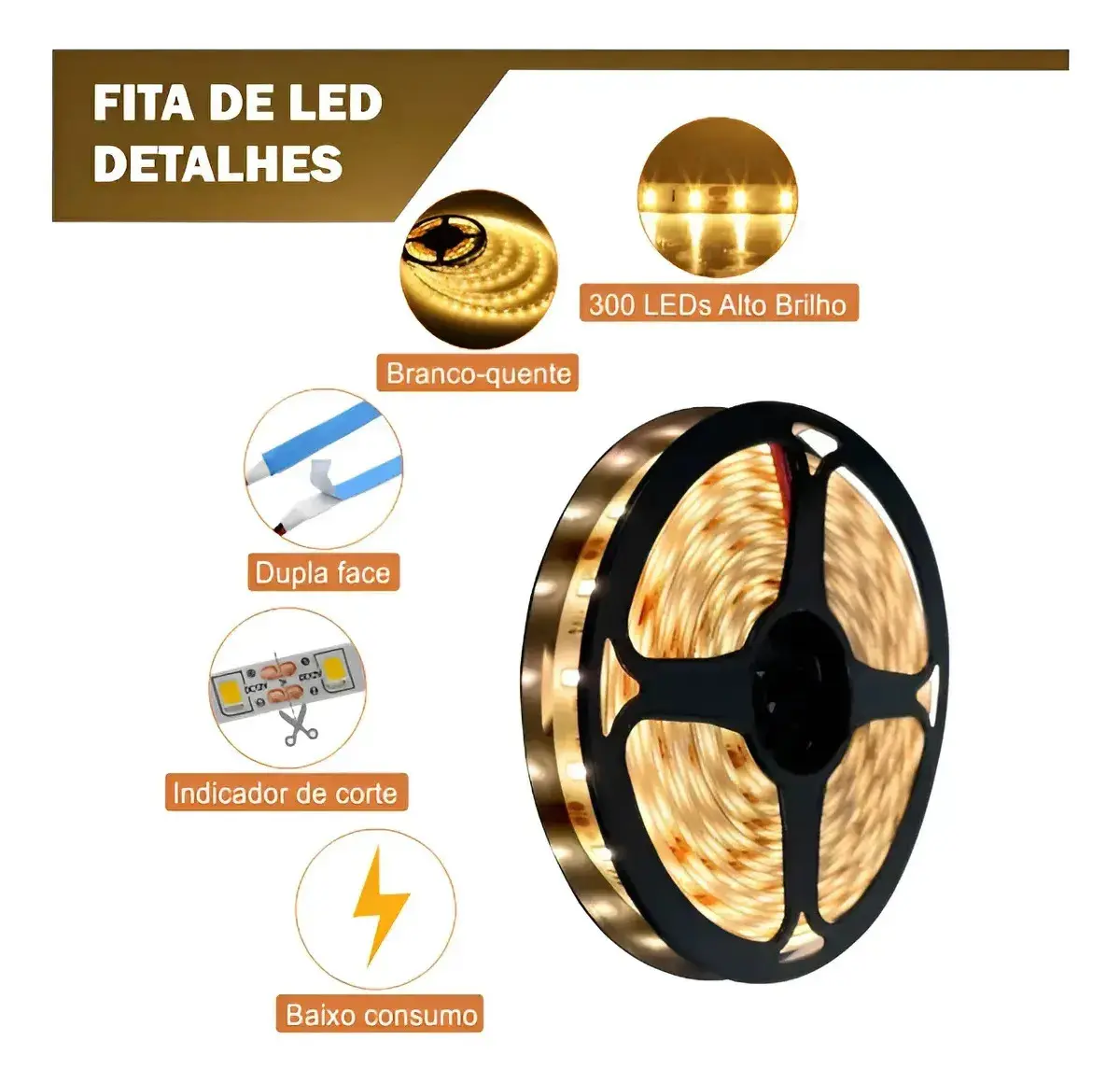 Fita Led Amarela 2835 Quente 5m 300 Led Dupla Face Fonte Cor da luz Branco-quente IP20 Maffacioli thumbnail 6