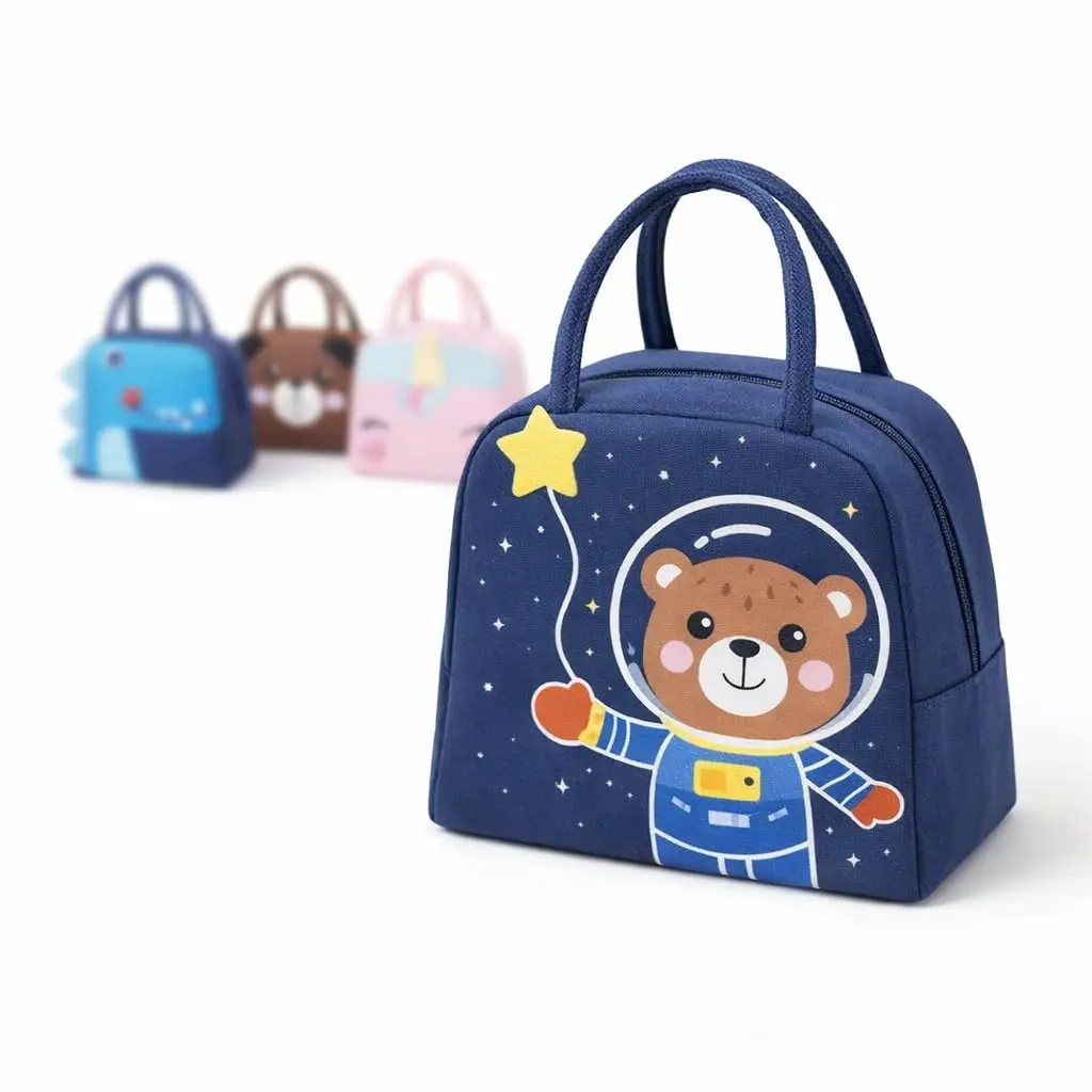 Lancheira Térmica Infantil com Estampas de Animais 3D, Oxford, Alça e Zíper, 17x22x9 cm, Divertida para Crianças, Urso Astronauta