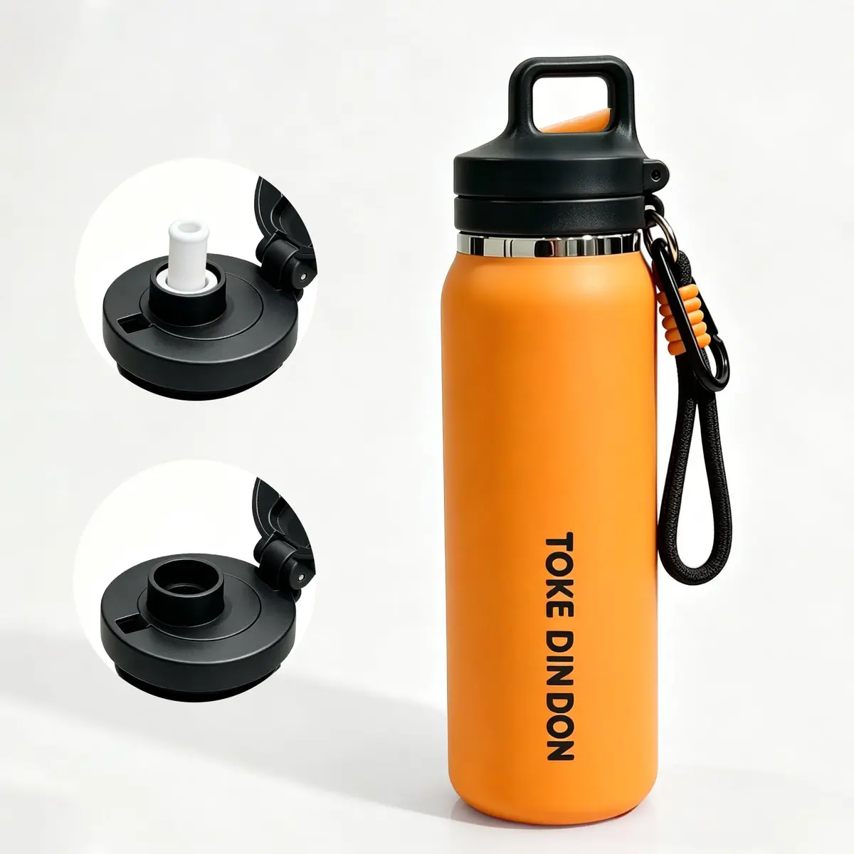 TOKE DIN DON Garrafa Térmica 600ml| Squeeze Esportivo 2 em 1| Aço Inox 316 | Copo Térmico Café+Água| Abertura 1 Clique| Alça Integrada com Cordão| Base Antiderrapante| para Academia/Viagem | Laranja