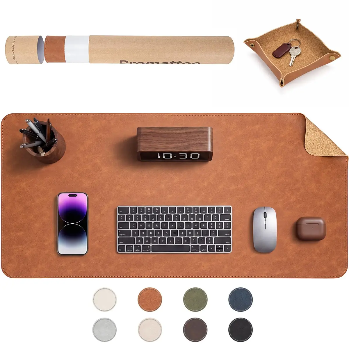 Tapete de mesa grande PROMATTOO dupla face 80x40 cm, com bandeja e tubo | Couro sintético vintage e lado cortiça; para teclado, mouse e notebook, anti-respingos, antiderrapante, Cor: Marrom Conhaque