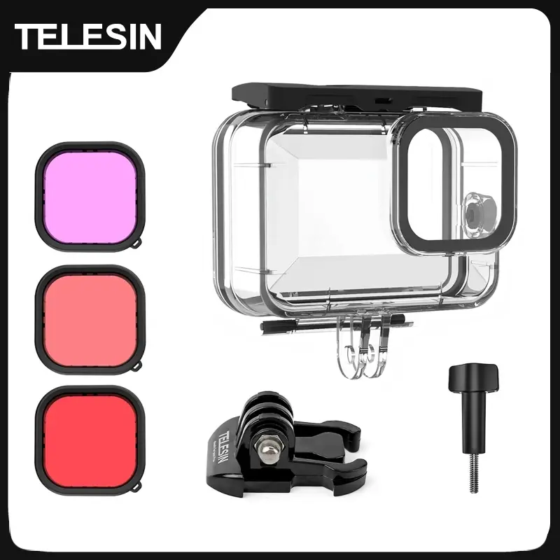 Telesin 60m capa à prova d'água para gopro hero 13 12 11 10 9 capa de caixa de mergulho subaquático com filtro acessórios para câmera de ação
