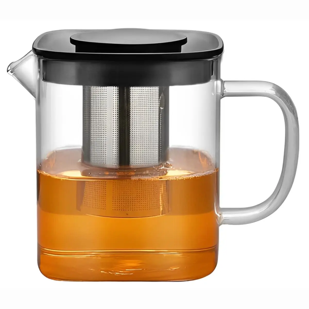 Jarra Quadrada Chaleira de Vidro Borossilicato 1000ml com Infusor de Chá Inox e Tampa Preta - 1