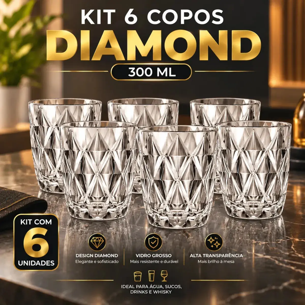 Jogo 6 Copos Diamond Diamante 300ml THOMHOME Vidro Grosso Branco