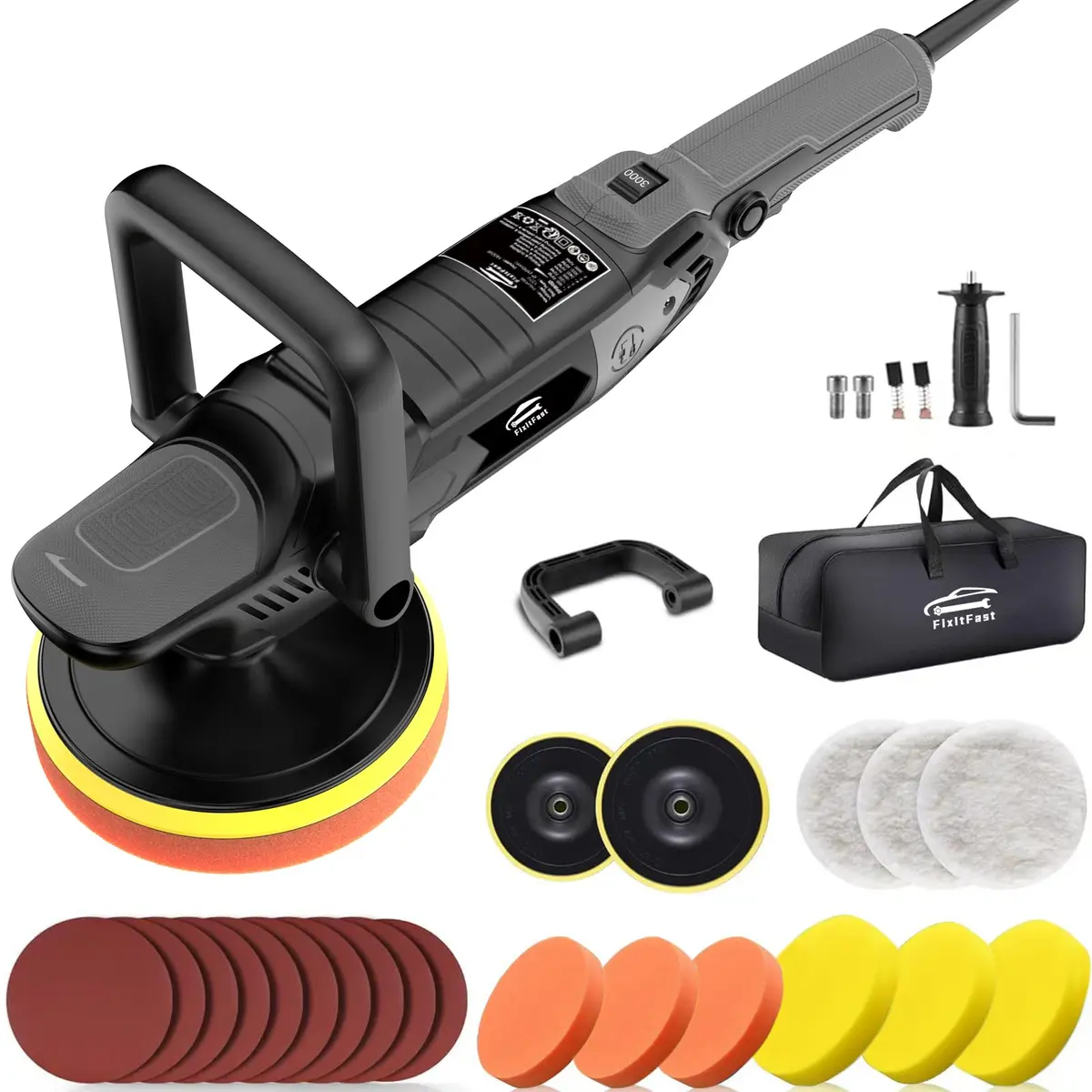 FINYQBET Politriz Lixadeira Rotativa 1600W, 7 Velocidades (127V) | Politriz com 600-36000RPM, Kit Completo de Acessórios, Função de Bloqueio, para Polir/Lixar Carro/Madeira e Mármore