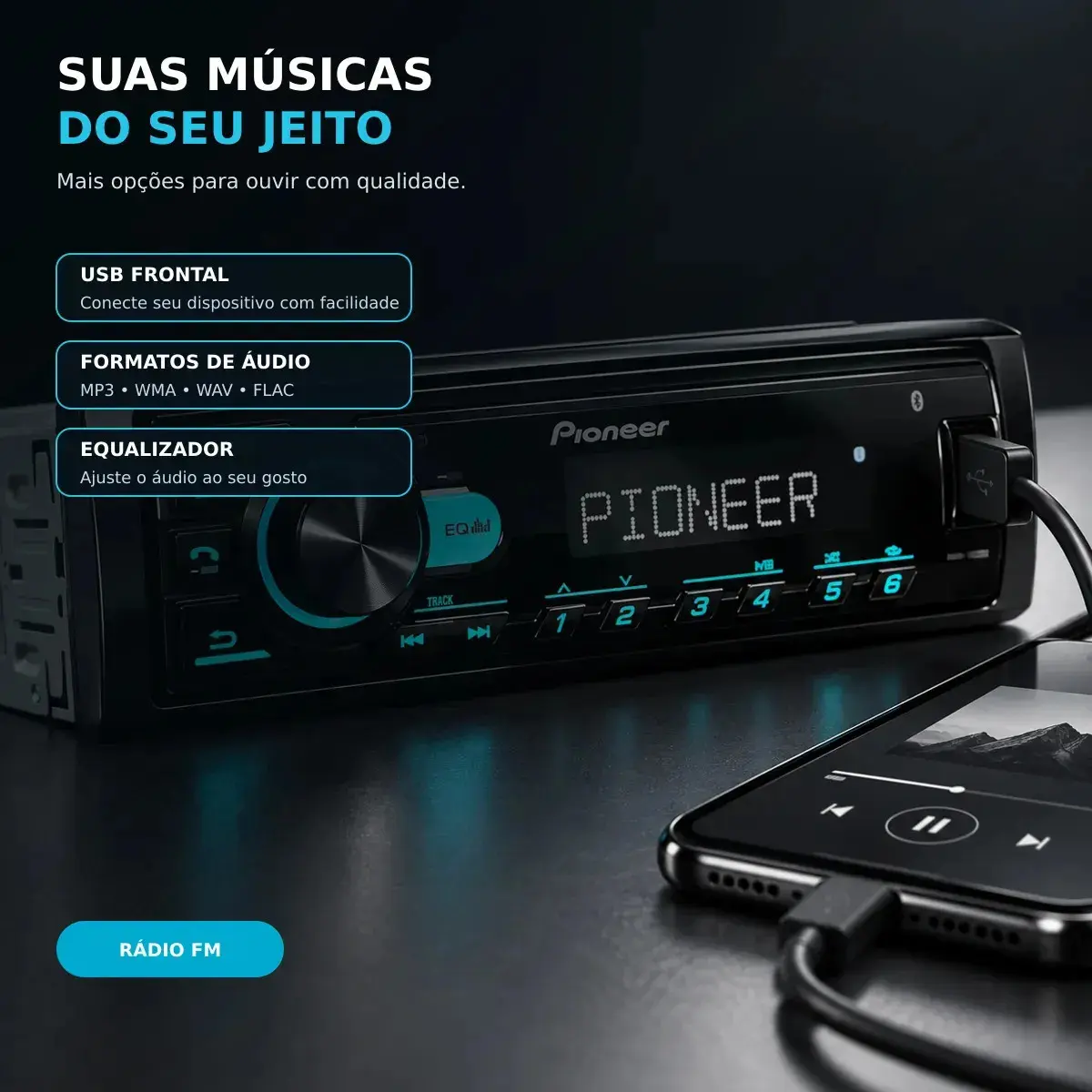 Rádio Pioneer Bluetooth 5.4 Automotivo MVH-145BR USB MP3 FM FLAC 1 DIN 4x23W RMS thumbnail 3