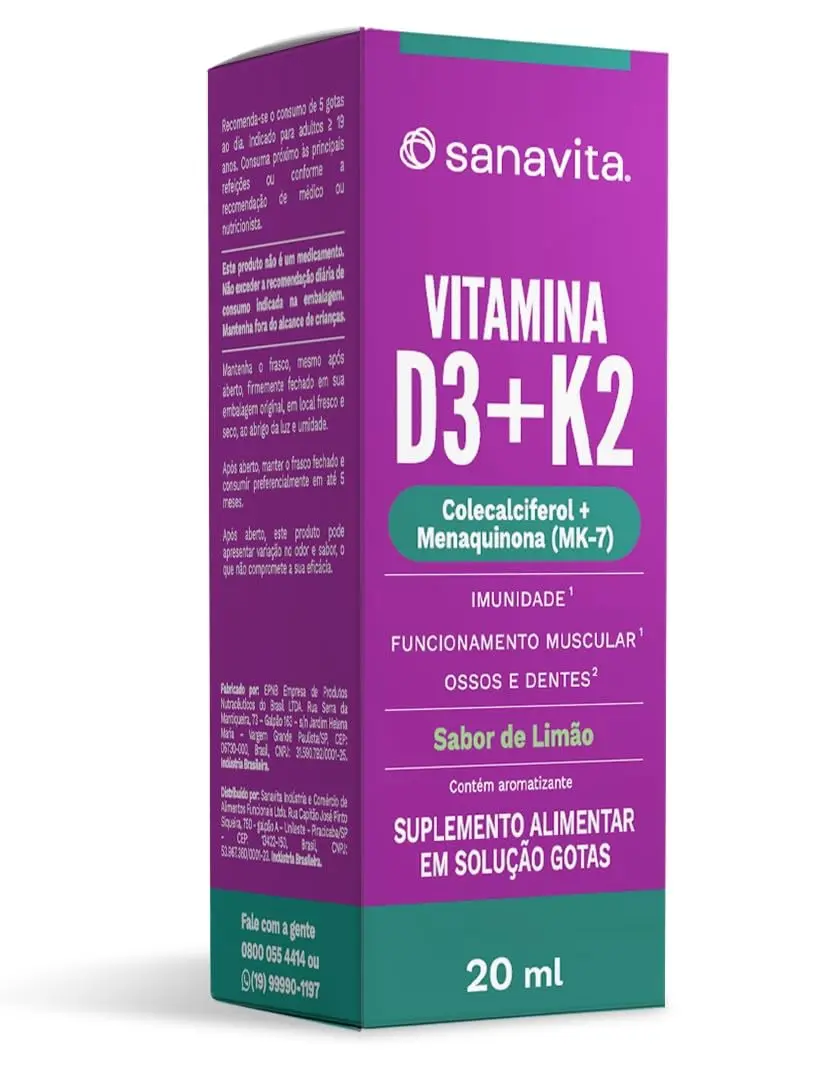 Vitamina D3 e K2 Sanavita, Sabor Limão, 20ml | Ossos Saudáveis