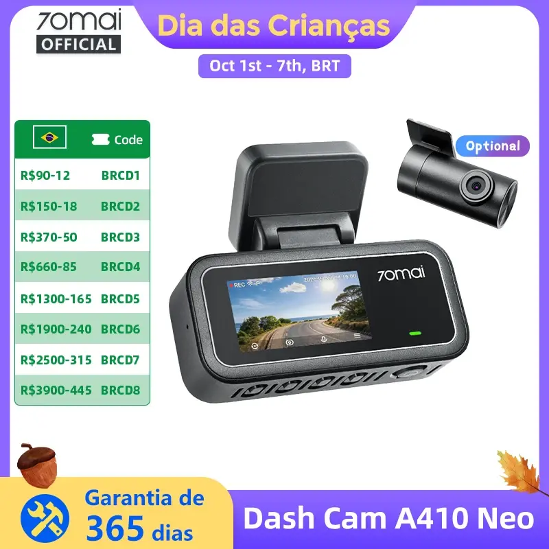 【Novo】Câmera de painel 70mai A410 Neo 1440P HDR, canal duplo, GPS integrado, lente f/1.6, supercapacitor, Wi-Fi 6, DVR de estacionamento 24H, 70mai A410 Neo