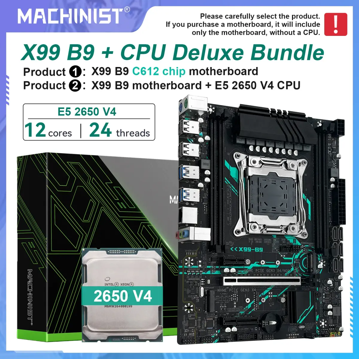 Placa-mãe MACHINIST X99 B9 LGA2011-3 Kit Completo com CPU Xeon E5 2650 V4 Suporta RAM DDR4 M.2 NVME SATA M-ATX para Computador Gamer - 1