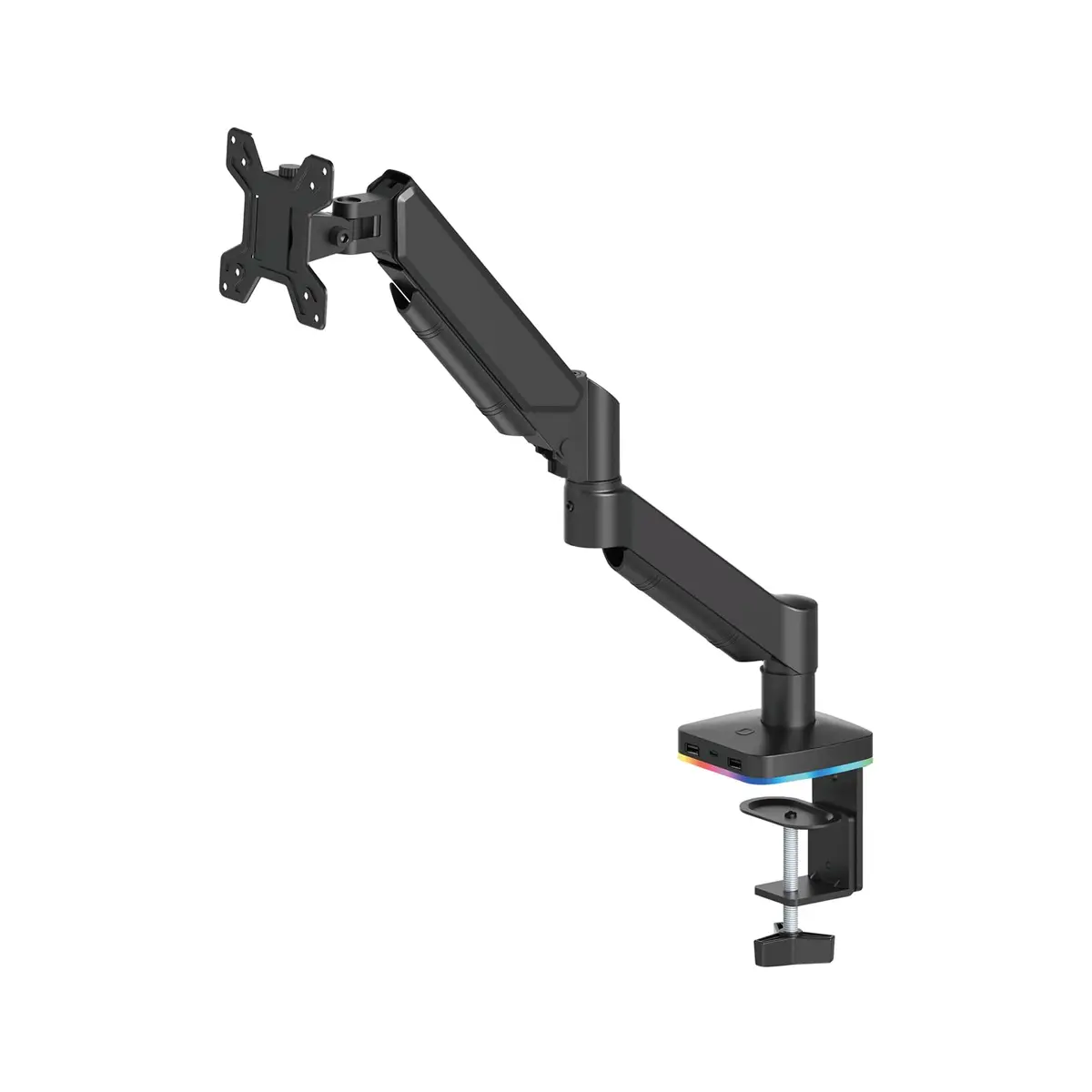 Suporte Articulado Monitor Mesa com RGB e Hub USB, VESA de Engate Rápido, Mola de Tensão Ajustável, Passagem Interna de Cabos — 17–34" / até 9 kg