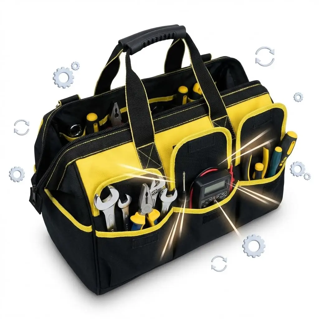 Bolsa de Ferramentas Profissional - Maleta de Ferramentas Profissional 16 Compartimentos, Preta e Amarela, Impermeável, Fundo Reforçado, Design Ergonômico em Tecido Oxford 600D, 45x24x31cm