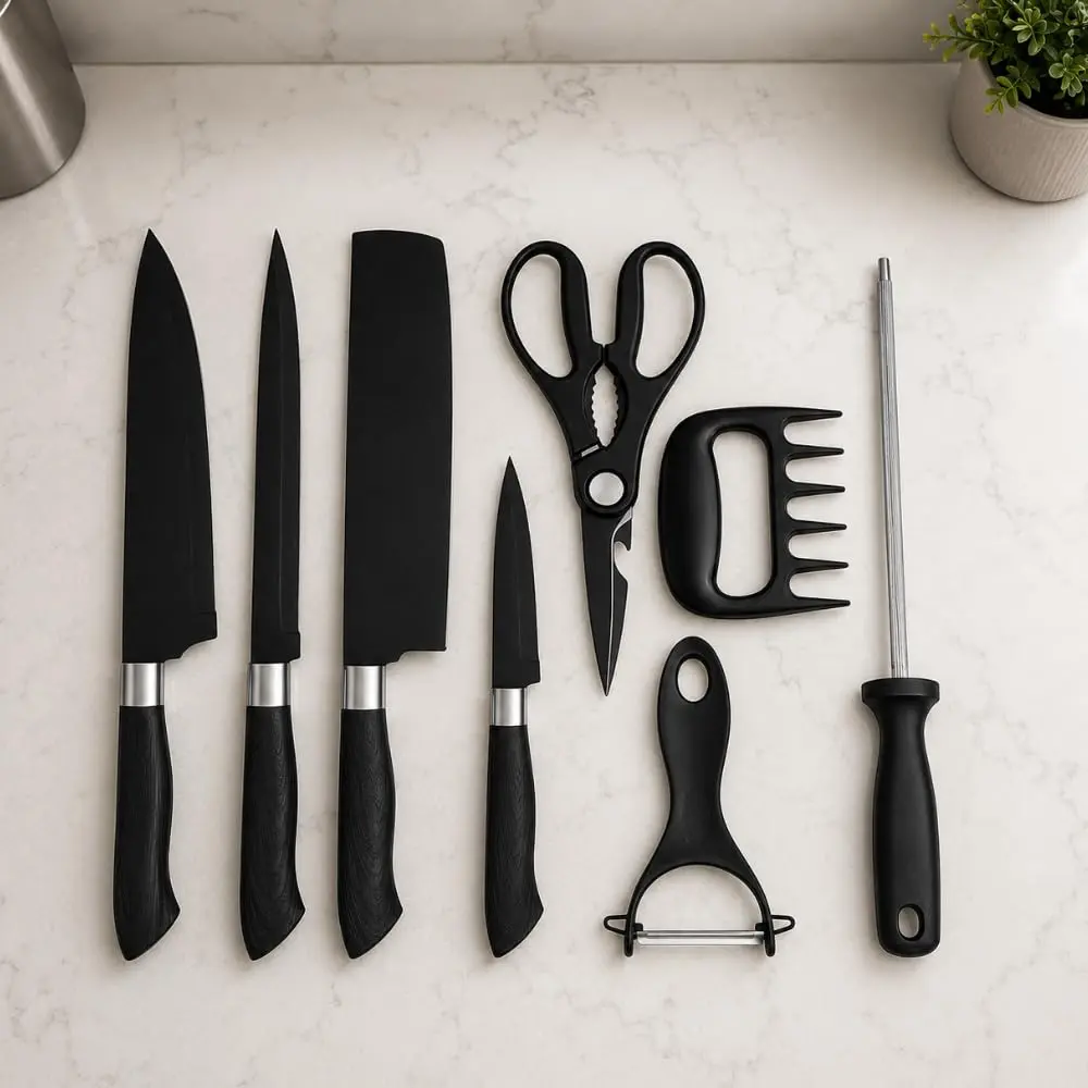 Kit Churrasco Conjunto 8 Peças, Facas Gourmet Premium, Corte Navalha com Lâminas Antiaderentes em Aço Inoxidável (Preto) - 1