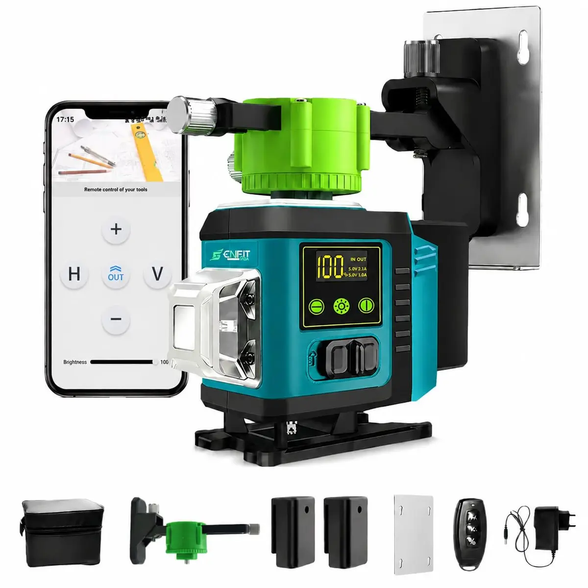 Nível a Laser 12 Linhas Verde 3D 360° Autonivelante, Modo Manual e Pulso, Controle Remoto com APP, Base Magnética, 2 Baterias de Lítio 2400mAh, IP54, Azul