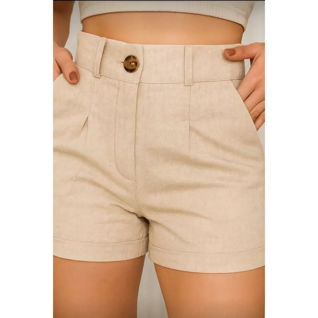 Shorts Feminino de Linho Cintura Alta Bolso Faca Elegante Simples Zíper Botão - 1