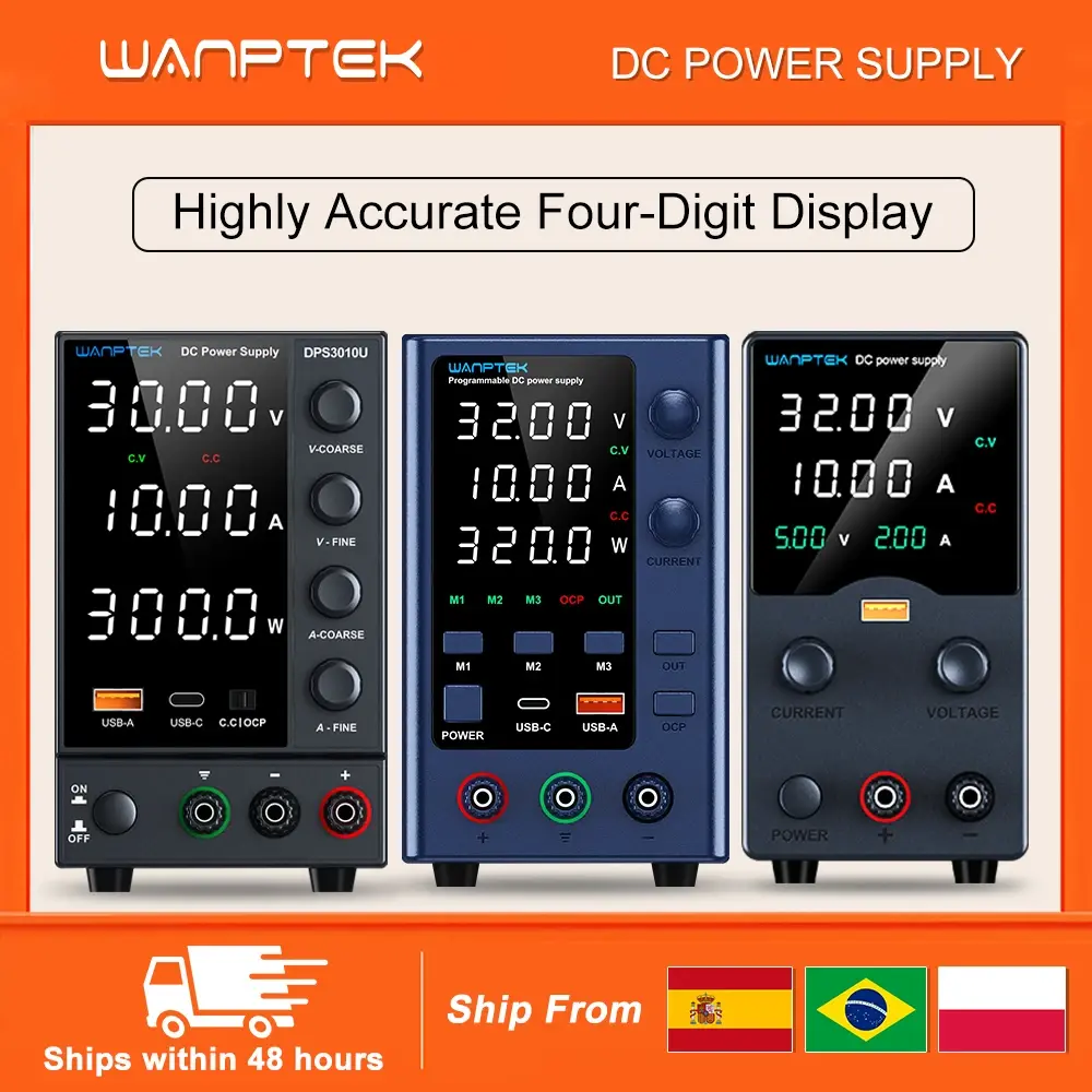 Fonte de Alimentação Ajustável Wanptek 30V 10A com Carregamento Rápido USB, Proteção Contra Curto-Circuito e OCP, WPS3010H DPS3010U EPS3210