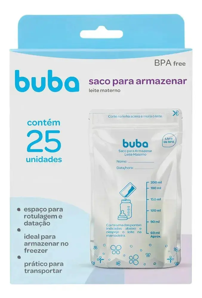 Kit 25 Sacos Para Armazenar e Congelar Leite Materno Buba 200ml