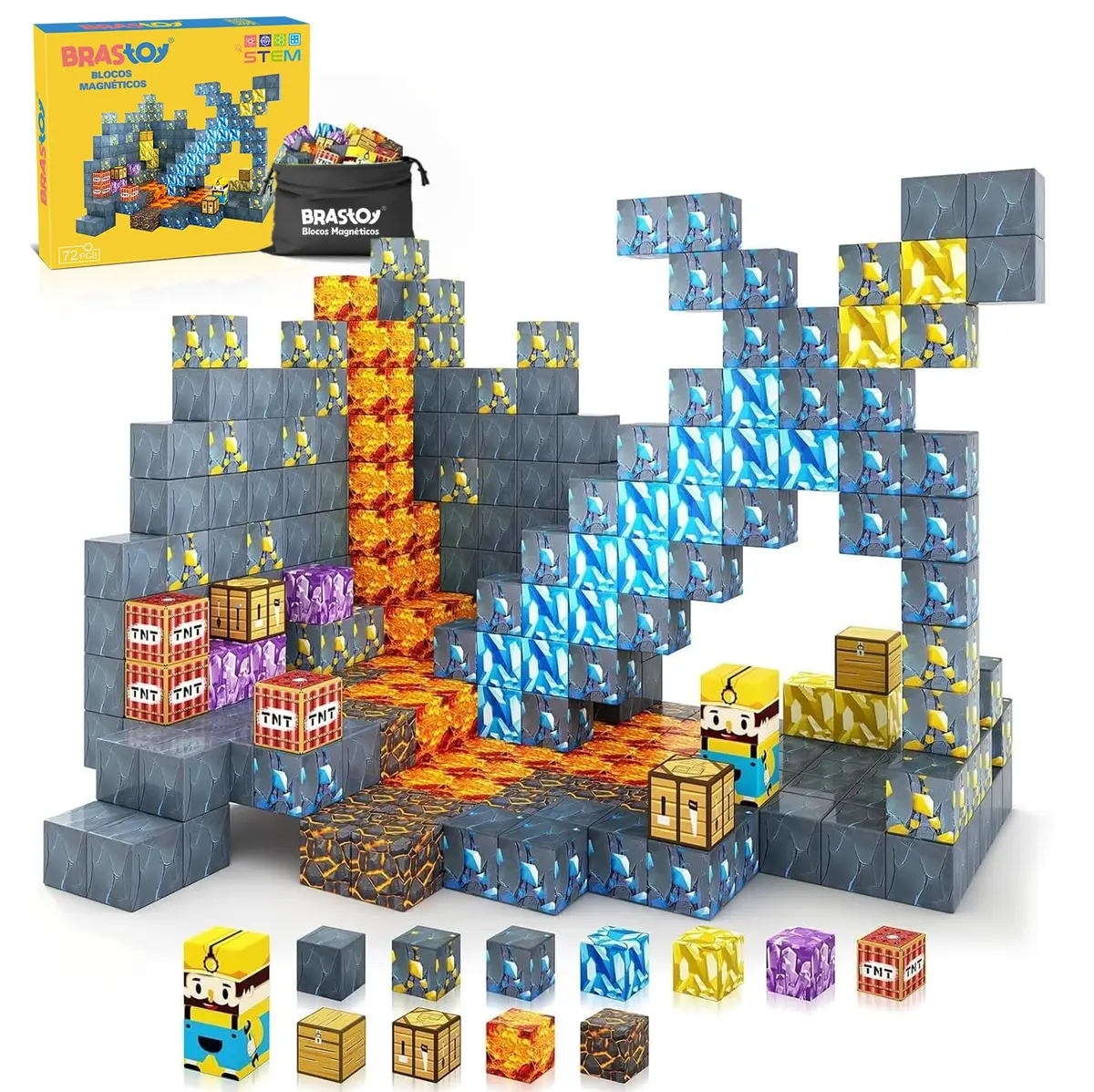 Blocos de Montar Magnéticos 72 Peças – Conjunto de Construção Criativa 3D, Cubos Magnéticos Educativos, Estimula Coordenação e Raciocínio, Brinquedo Sensorial STEM para Crianças