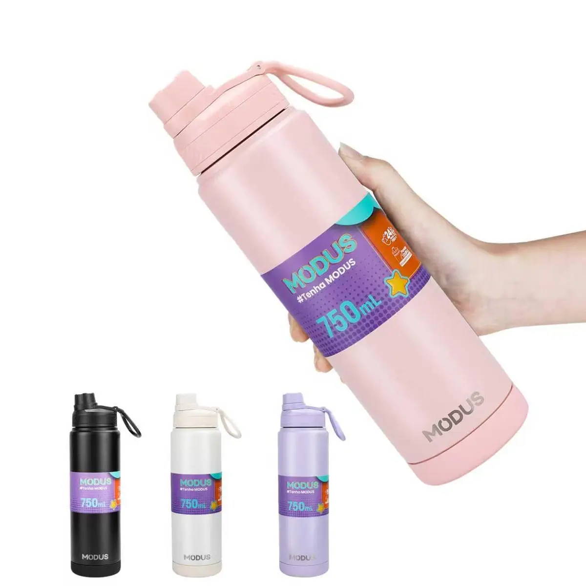 Garrafa Térmica De Aço Inox De Água A Vácuo 750ml com Adesivos | Rosa