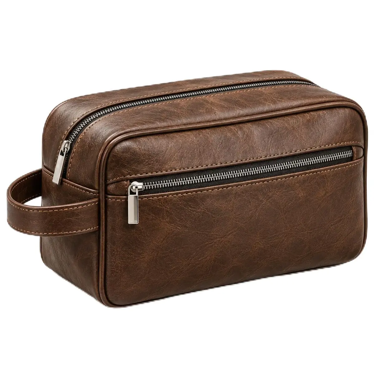 Necessaire de Viagem Couro PU Impermeável com 2 Compartimentos Alça Lateral, Marrom