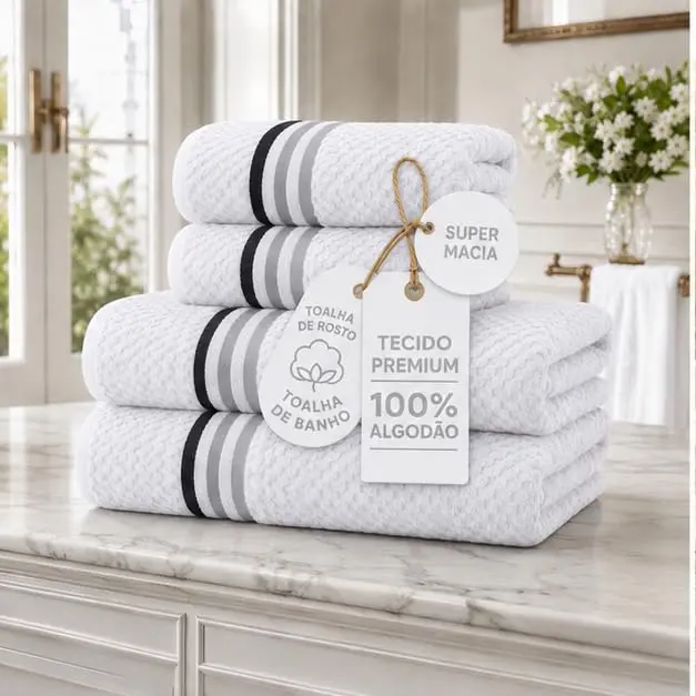 Kit Jogo de Toalhas de Banho e Rosto 4 Peças Banhão 500g/m² Trento Branco | Algodão fio penteado, toque de hotel 5 estrelas, absorção superior, costura reforçada, 4 cores, uso residencial e comercial
