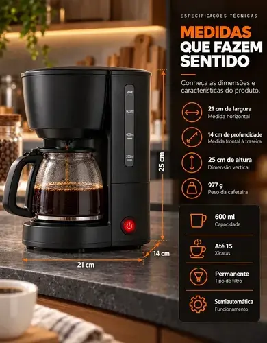 Cafeteira Elétrica 15 Xícaras 600ml com Filtro Permanente Sistema Corta-Pingos e Base Aquecedora para Café Casa Escritório Cozinha Viacruz - R$ 76