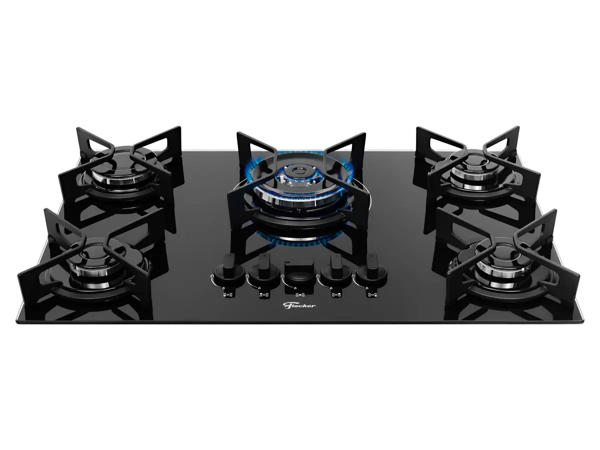 Fischer Cooktop à Gás 5 Bocas Tripla Chama Fit Line Trempe Iron Mesa Vidro Preto Bivolt 36340-102674