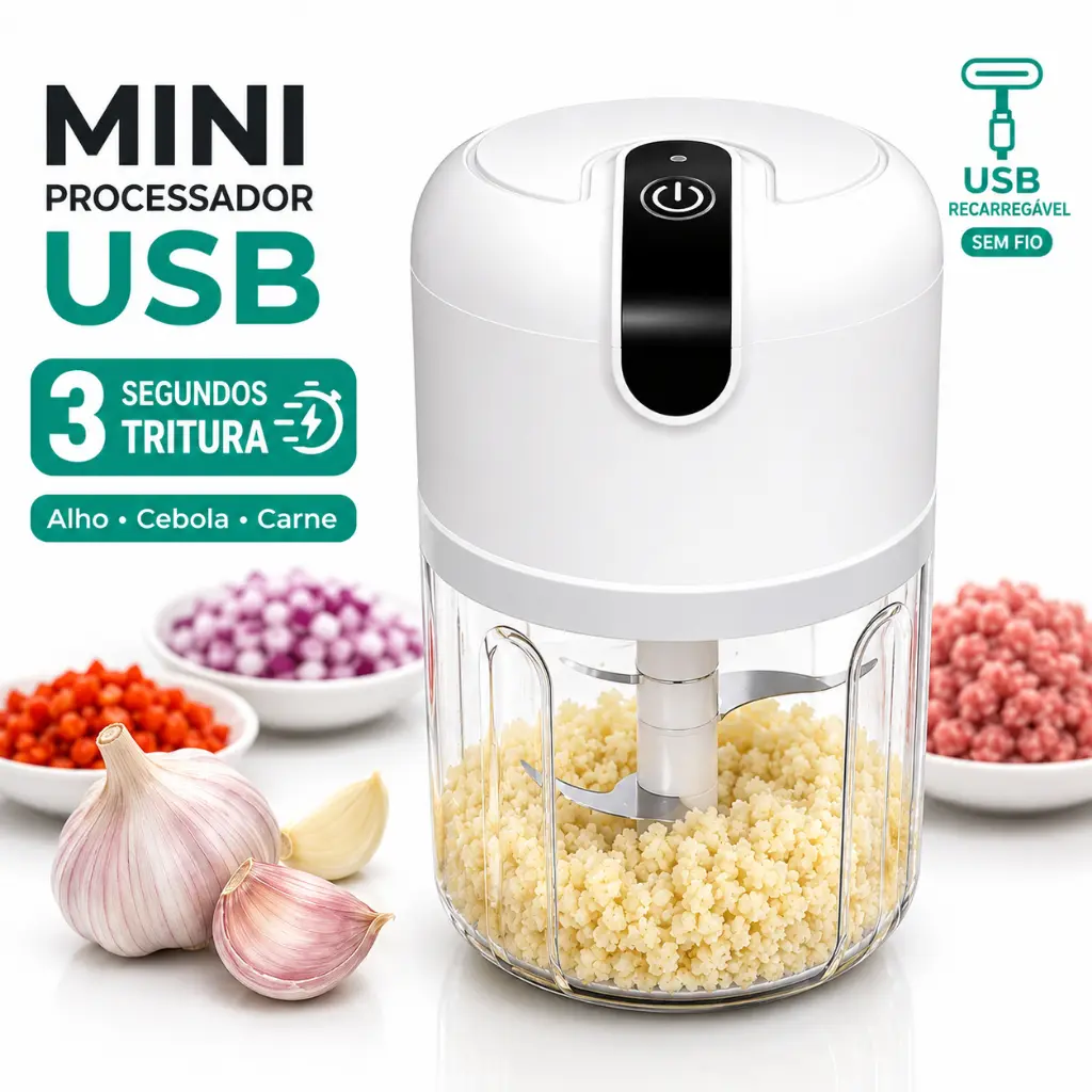 Triturador Elétrico USB Recarregável Mini Processador 250ml para Alho Carne Legumes e Temperos 3 Lâminas - 1