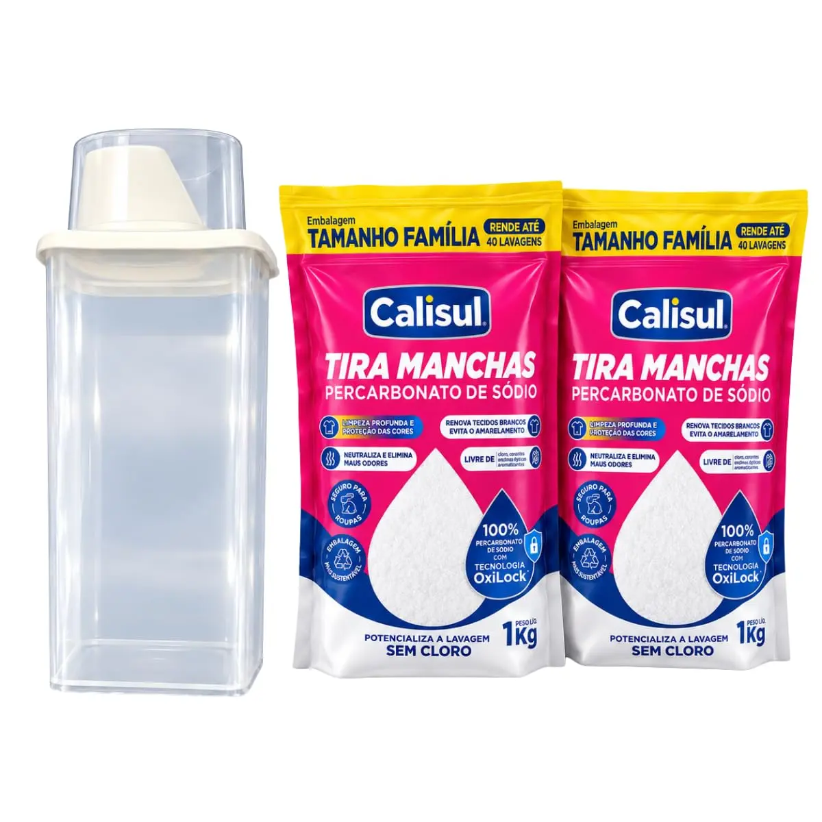 Kit 2 Calisul Tira Manchas com Pote Armazenador Percabonato de Sódio | Acompanha Pote, Até 80 Lavagens, Sem Cloro, Tira Manchas