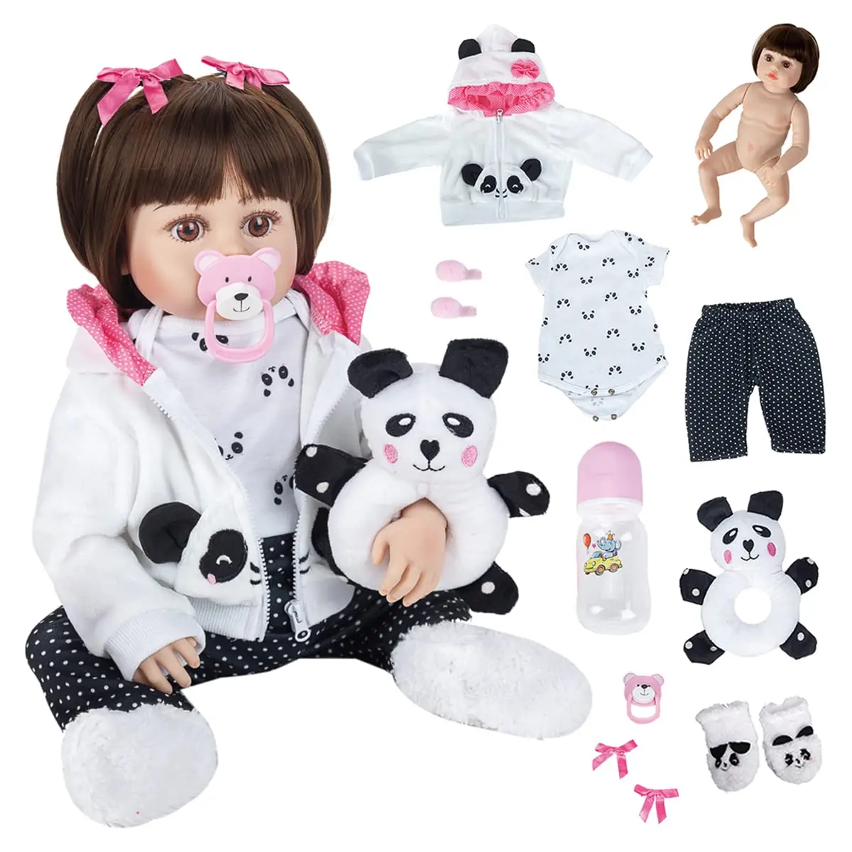 Boneca Bebê Reborn de Silicone Menina Olhos Castanhos Panda Boneca 48cm | Roupa para Bebe Reborn Pode Dar Banho Ideal para Coleção Brincar e Abraçar Presente Infantil Perfeito