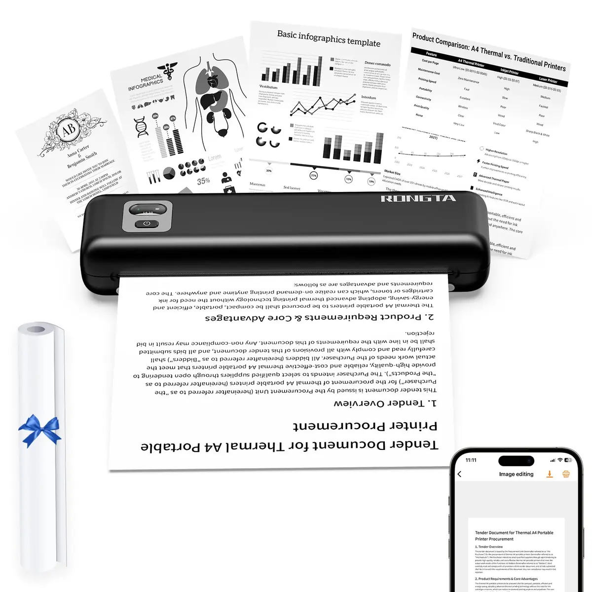 Rongta Impressoras Portáteis Sem Fio para Viagem, Impressora Térmica Sem Tinta para Uso em Escola/Escritório/Casa, Suporte para Papel Térmico 8,5x11 US Letter e A4, Compatível com Android, iOS e