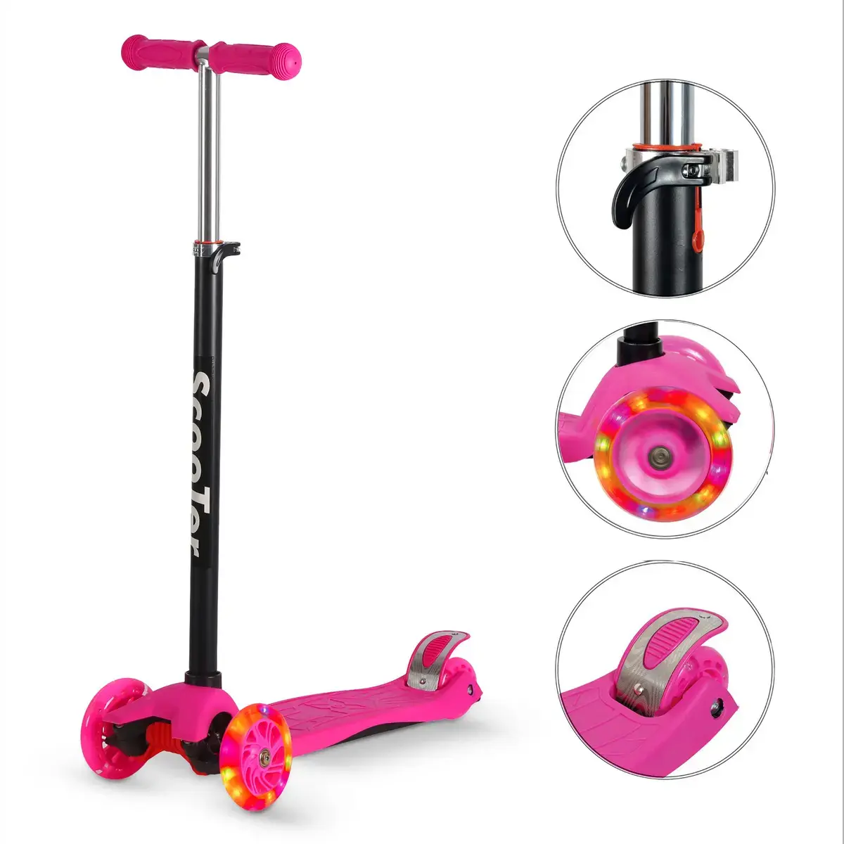Patinete Infantil Rosa 4 Rodas Luz LED Reforçado Altura Ajustável 70kg Desmontável Menina - 1