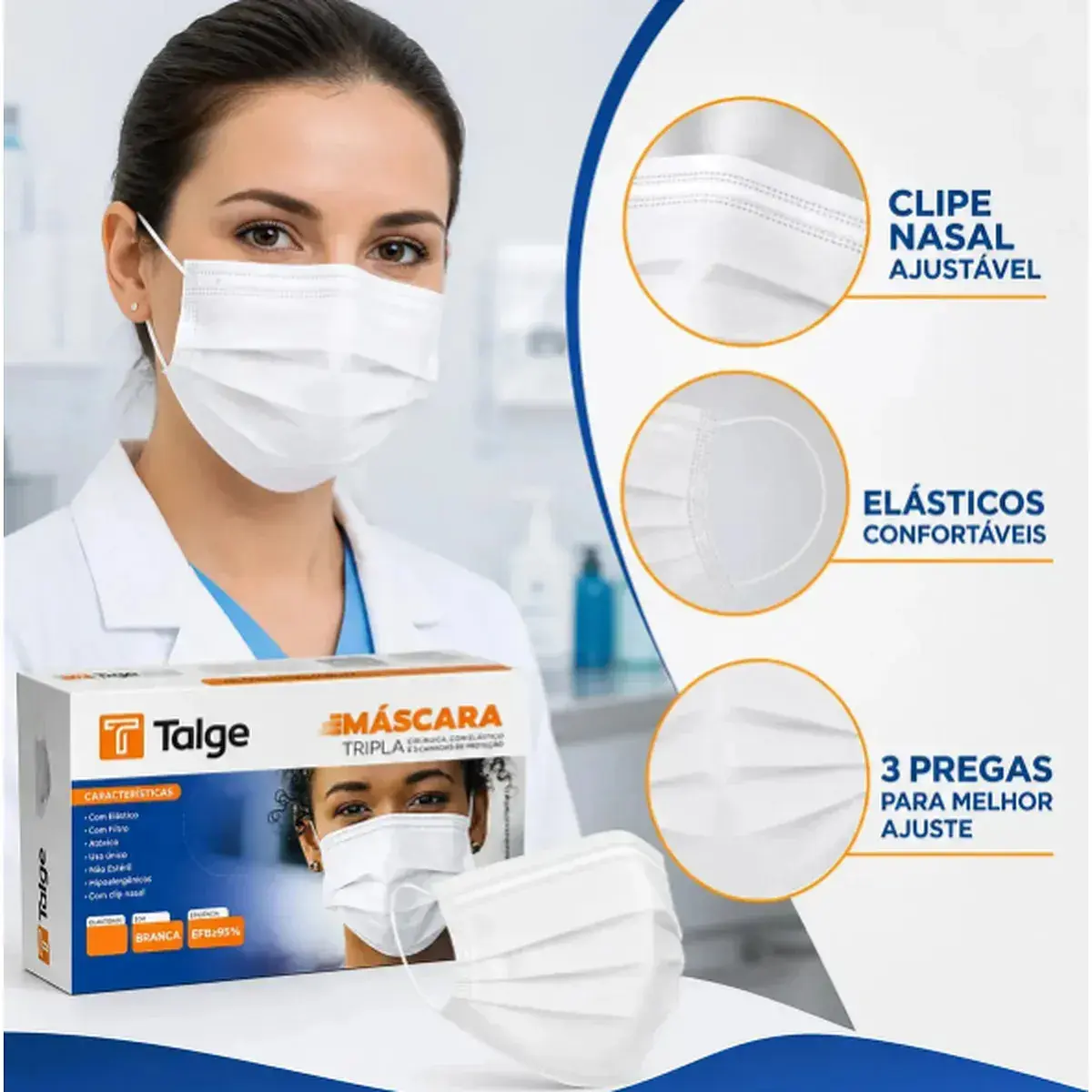 Kit 150 Máscaras Cirúrgicas Descartáveis Tripla Camada Brancas thumbnail 10