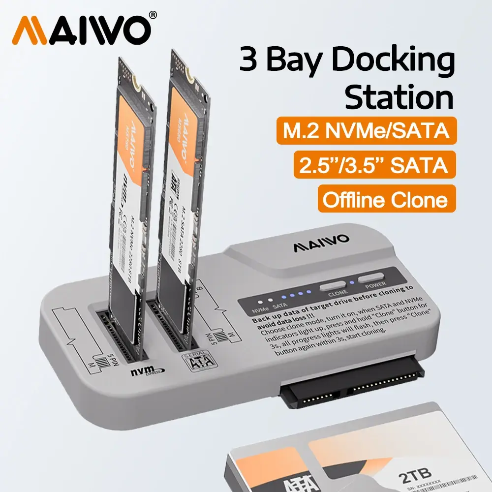 Maiwo estação de encaixe de 3 baias m.2 nvme sata ssd case & 2.5 3.5 Polegada sata hdd gabinete suporte 30tb/8tb adaptador para clone offline