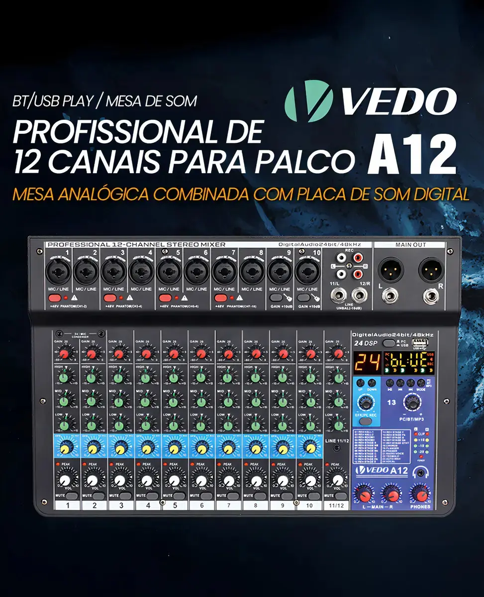 Mixer Analógico Vedo A12 12 Canais Bluetooth Efeitos Alimentação Phantom thumbnail 2