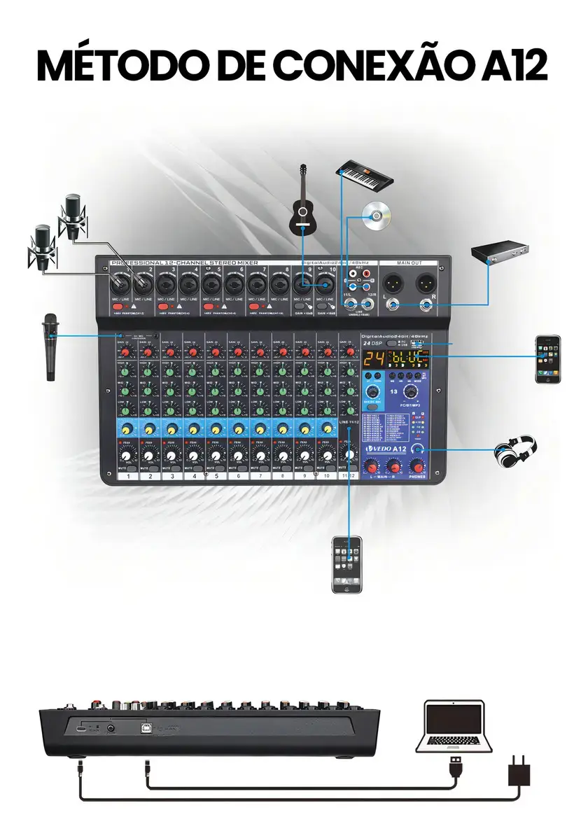 Mixer Analógico Vedo A12 12 Canais Bluetooth Efeitos Alimentação Phantom thumbnail 4