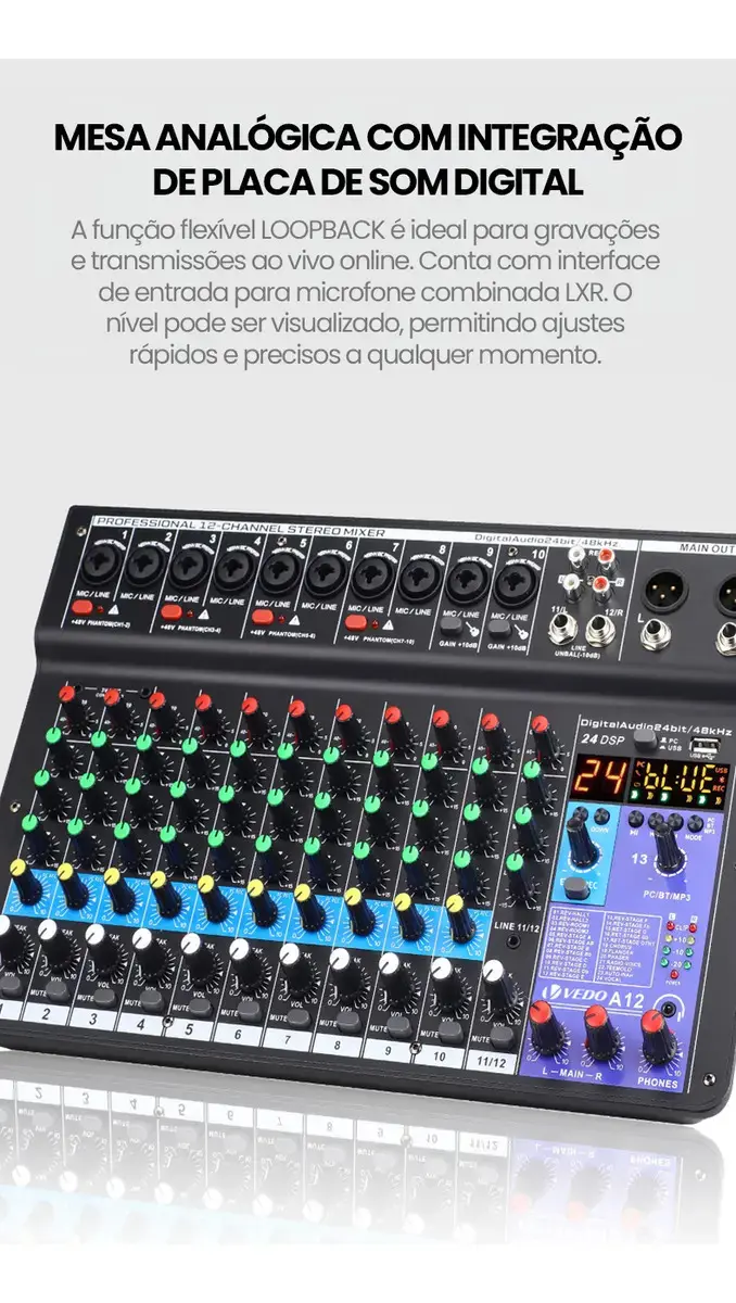 Mixer Analógico Vedo A12 12 Canais Bluetooth Efeitos Alimentação Phantom thumbnail 7