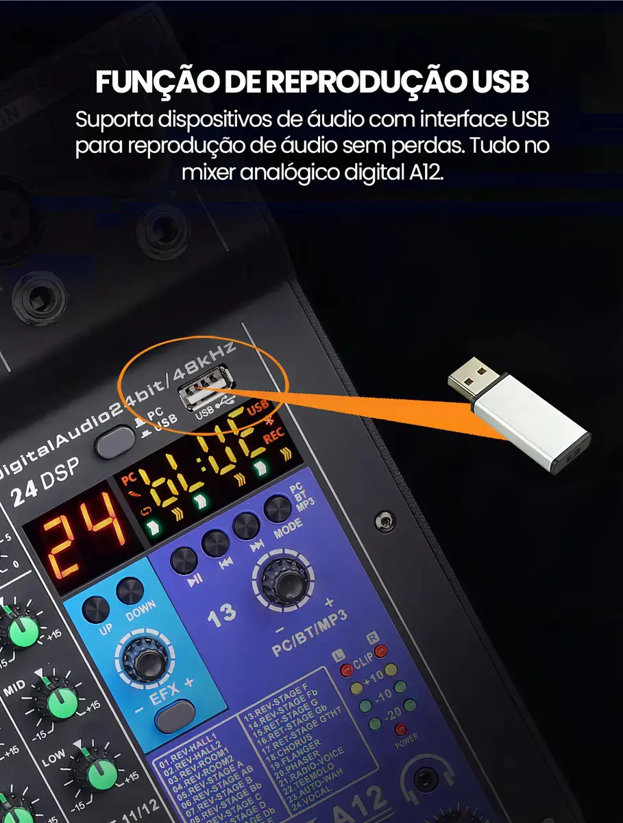 Mixer Analógico Vedo A12 12 Canais Bluetooth Efeitos Alimentação Phantom thumbnail 8
