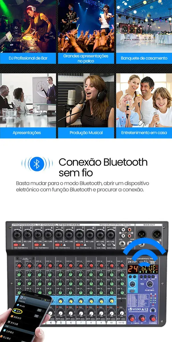 Mixer Analógico Vedo A12 12 Canais Bluetooth Efeitos Alimentação Phantom thumbnail 9