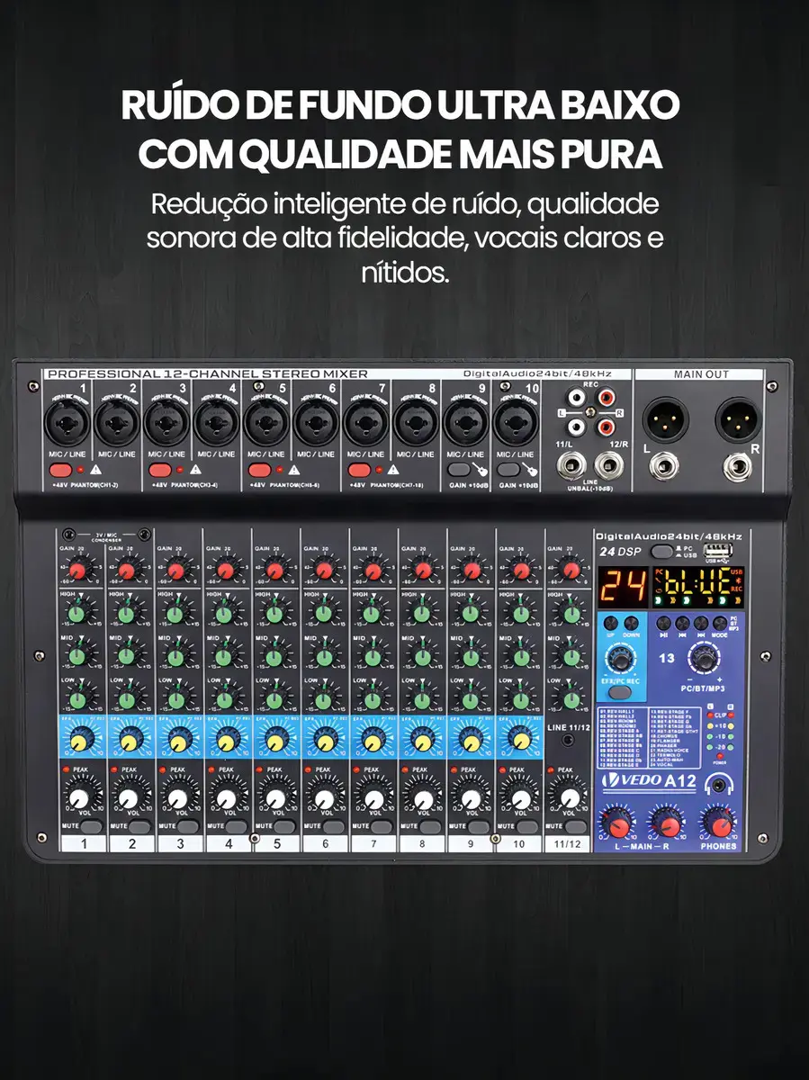 Mixer Analógico Vedo A12 12 Canais Bluetooth Efeitos Alimentação Phantom thumbnail 10