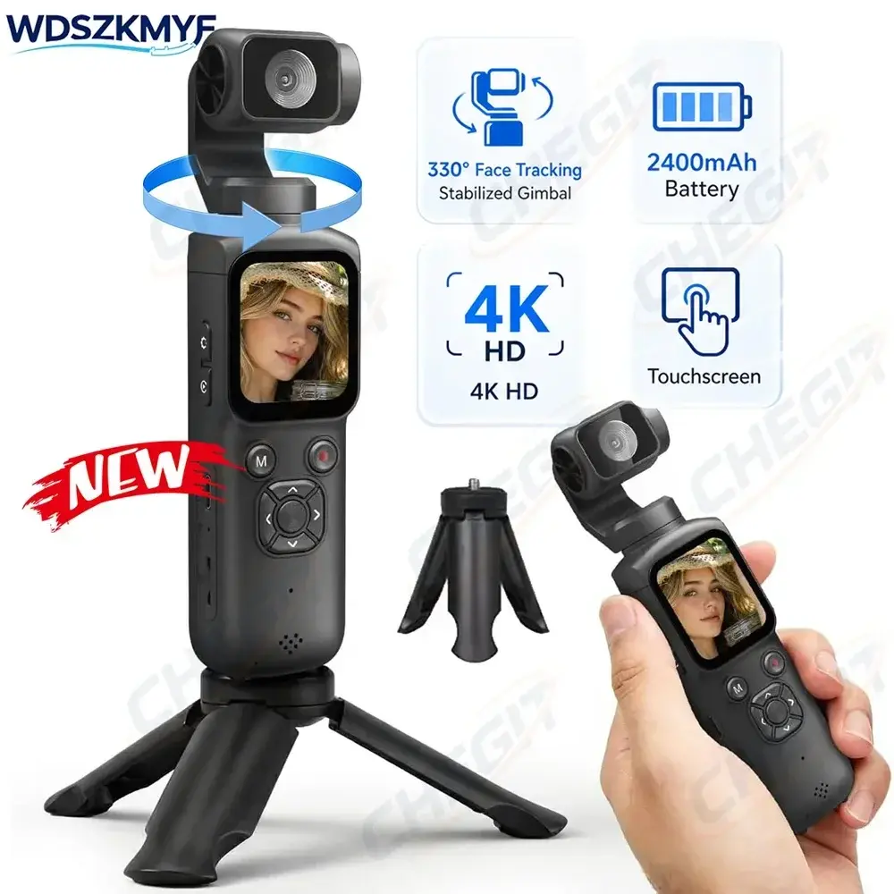 Câmera de Ação 4K com 330 Graus de Visão °   Estabilizador de Gimbal com Rastreamento Facial, Câmera Digital de Bolso com Tela Sensível ao Toque de 1,72 Polegadas, 64MP, WiFi, Câmera Esportiva