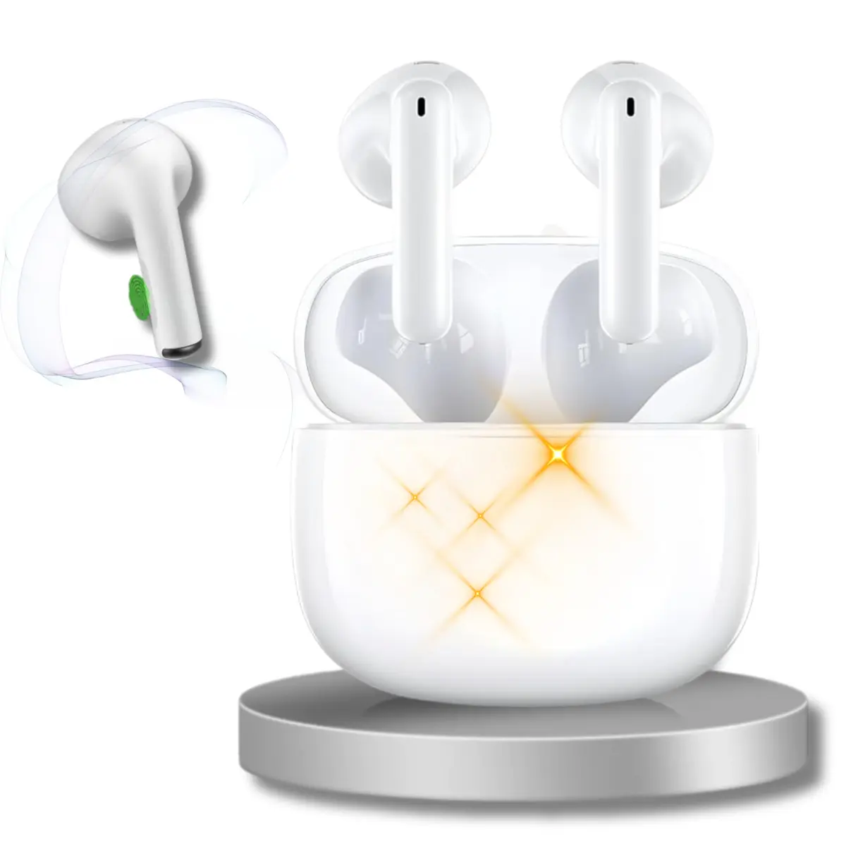Som Hi-Fi Fone De Ouvido Bluetooth, Estéreo TWS Branco, • MTS • Compatível c Todo Celular, Cancelamento Ruído • Bateria longa duração + Case, Microfone Para Chamadas, Controle Touch, Sem fio