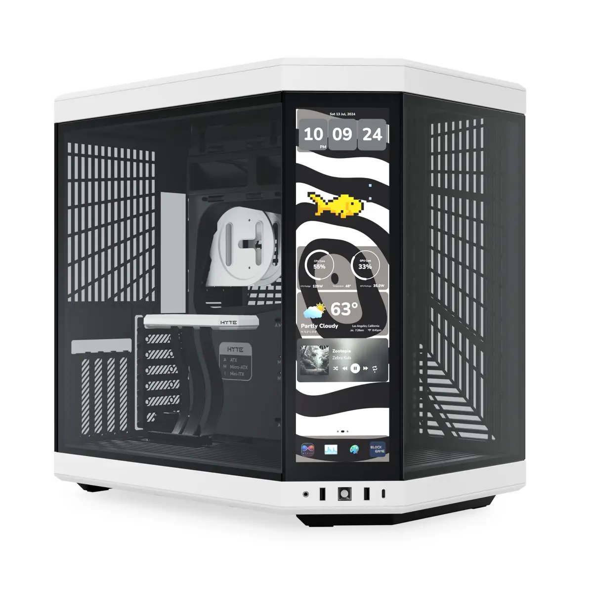 Gabinete Gamer Hyte Y70 Touch Infinite Panda, Mid Tower ATX, Tela LCD Touch 4K 14,1", Branco e Preto