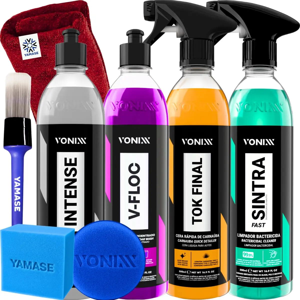 Kit Lavagem Automotiva Completa Vonixx Cera Automotiva Carnauba Tok Final V-Floc Revitalizador de Plasticos intense Sintra fast Pinceis Espuma Yamase