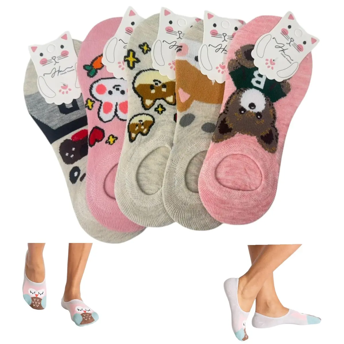 Kit 6 ou 12 Pares Meia invisível Femininas para Yoga e Pilates, Estampa bichinhos e flores, Sapatilha Invisível, Tamanho 33-38