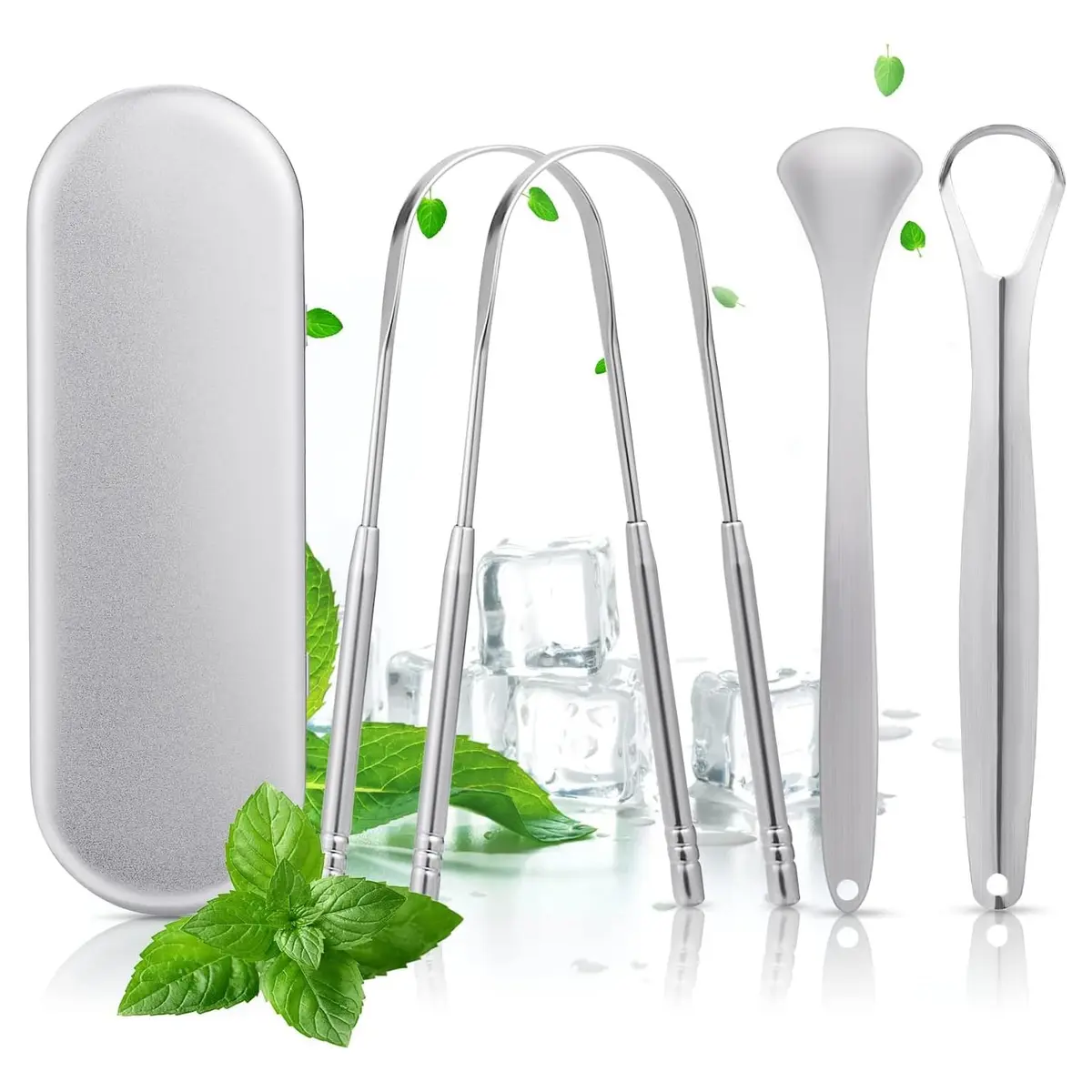 Raspador Limpador Lingua Inox 4 Unds Extrator Tártaro Limpador Lingua Antibacteriano com Estojo Metal para Cuidados língua Remove Mau Hálito Toxinas Resíduos Fácil Limpar Antibacteriano e Higiênic